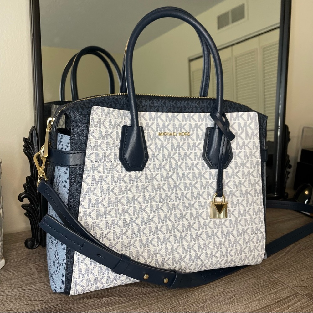 Michael kors Mercer Medium colorblock logo belted satchel blue